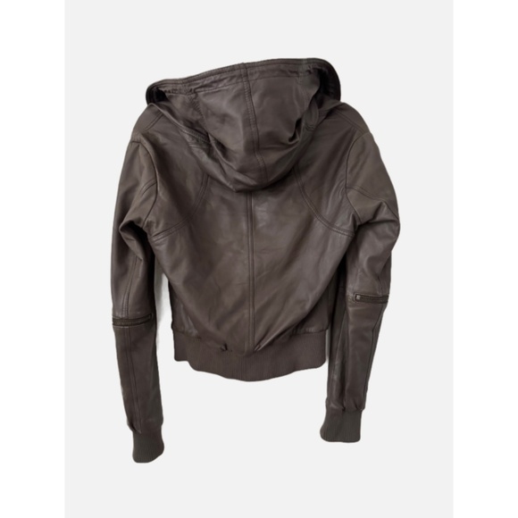 All Saints Cobra Hooded Bomber Leather Jacket Brown S - Picture 8 of 9